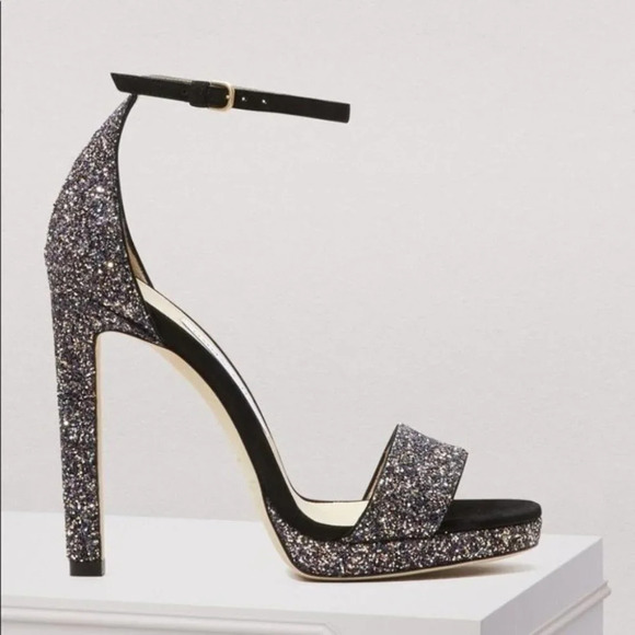 Jimmy Choo Leather Misty 120 Twilight Black Suede Glitter Sandals Heels 38.5/8.5 - Picture 1 of 14